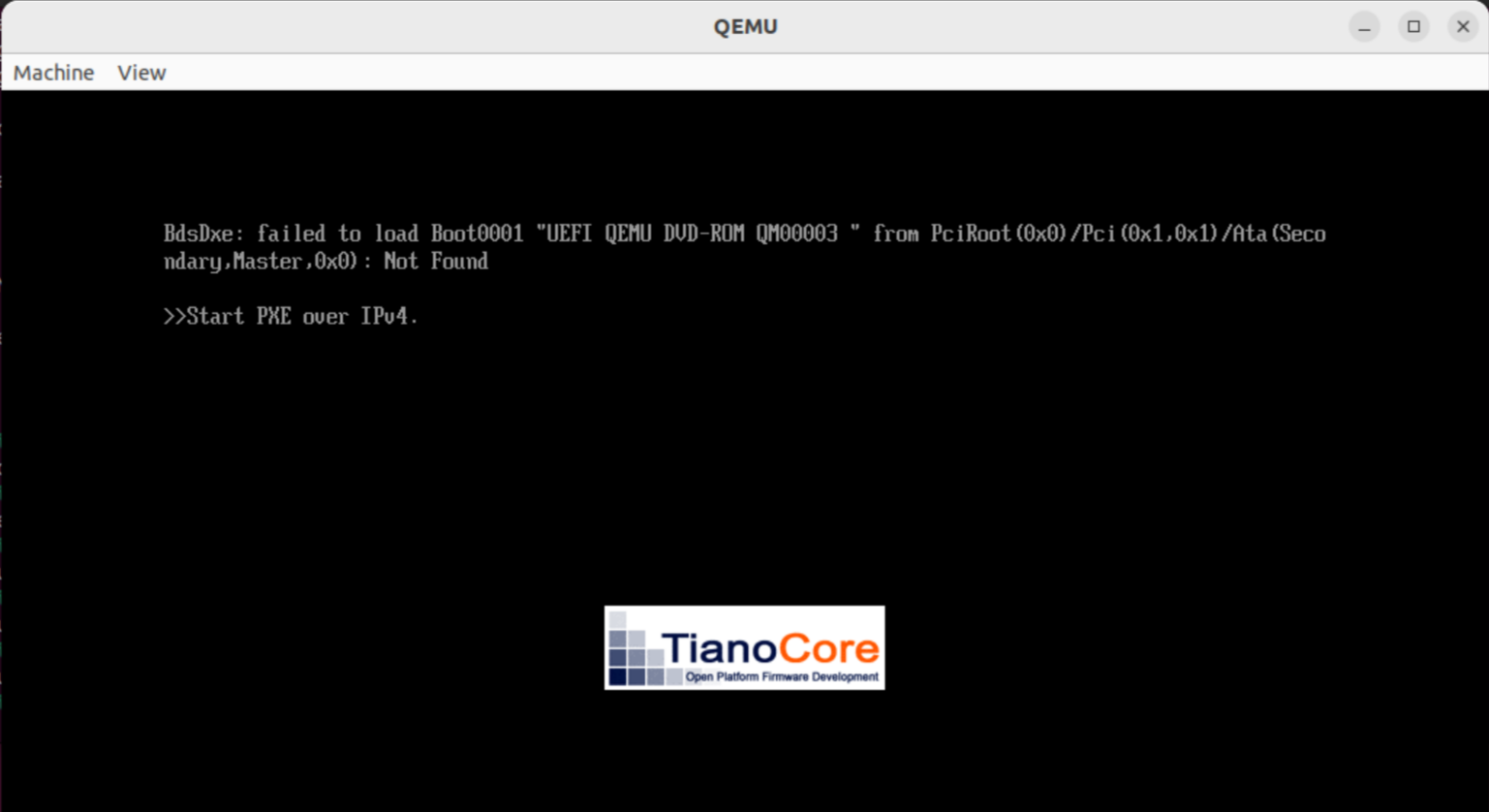 image of the tianocore logo on OVMF startup having trouble not knowing where to boot from