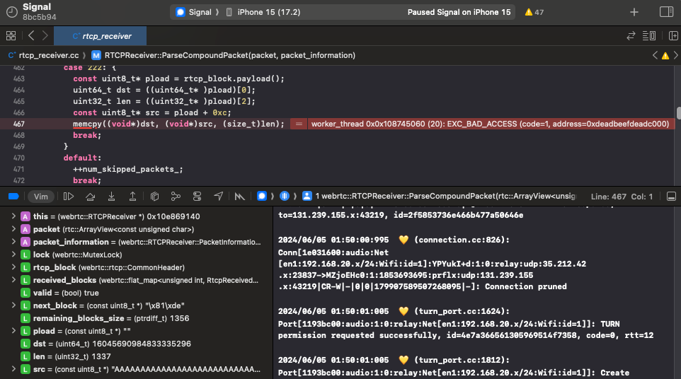 Fig 2: Triggering the arbitrary write vulnerability. Running the target device in Xcode will trigger a crash when the vulnerability is hit with a payload containing the 0xdeadbeefdeadbeef address. Xcode shows this crash at the vulnerable memcpy code with an EXC_BAD_ACCESS error. The address included in the error is 0xdeadbeefdeadc000, indicating our trigger successfully hit the vulnerable code.