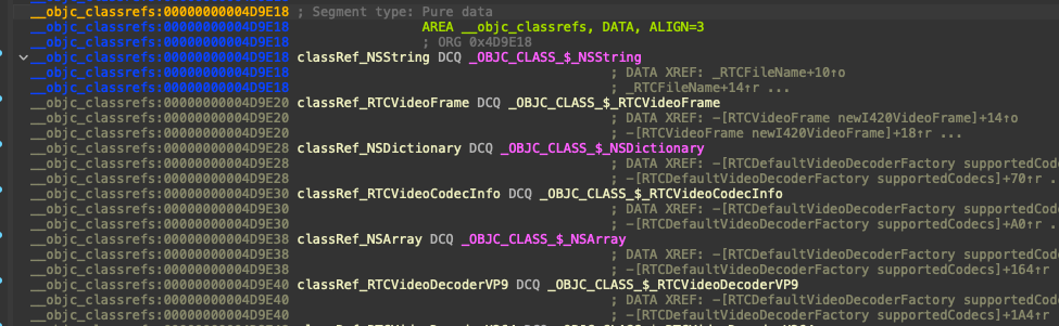 Fig 1: IDA screenshot of `WebRTC`'s  `__objc_classrefs` section, showing Objective-C class imports including `NSString`, `NSDictionary`, and `NSArray`.