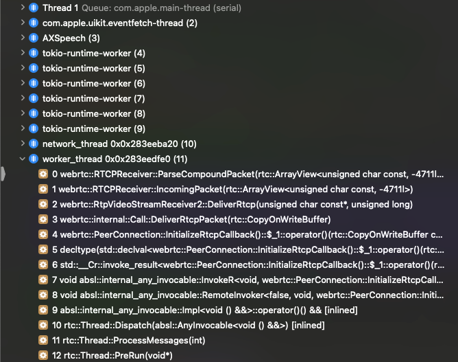 Fig 2: Xcode stack trace for a breakpoint at `webrtc::RTCPReceiver::ParseCompoundPacket`. This shows the call is handled on the worker thread, which is independent from the main thread (Thread 1)