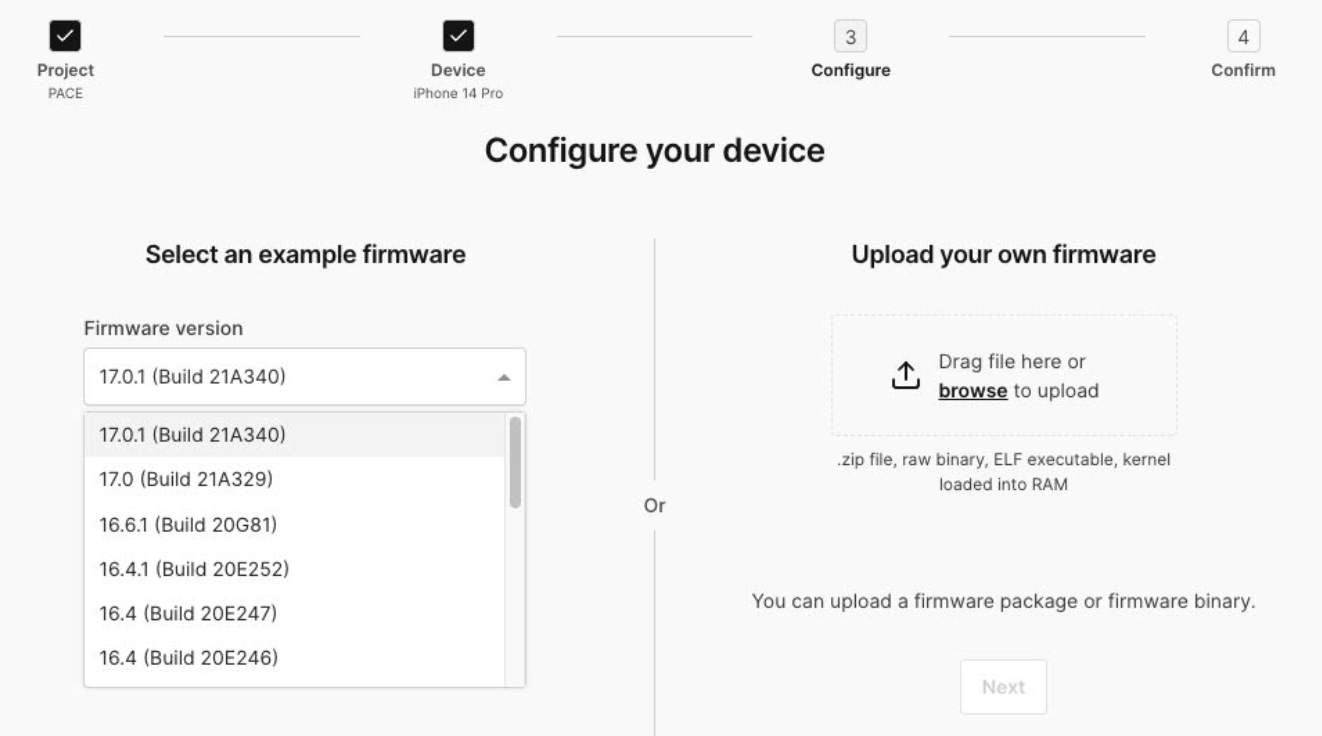 Fig 4: Choosing our target iOS firmware on Corellium. The screenshot shows a dropdown featuring 6 different version of iOS, from 17.0.1 to 16.4