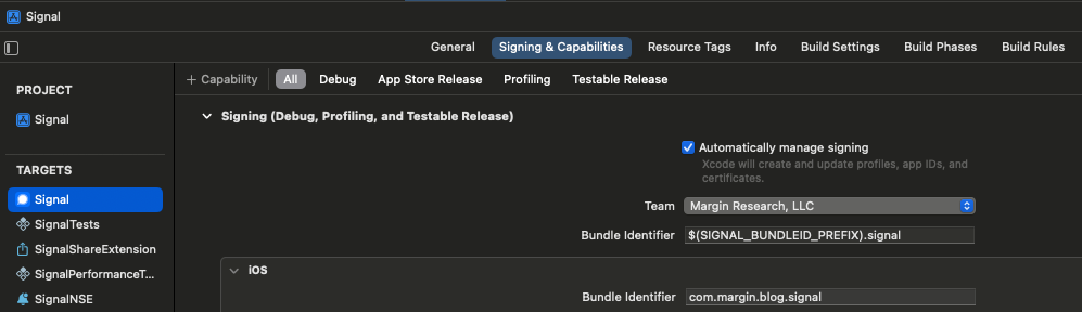 Fig 5: Changing the developer `Team` in the Signal app's `Targets` setting from `org.whispersystems` to the company/user affiliated with our Apple Developer account.