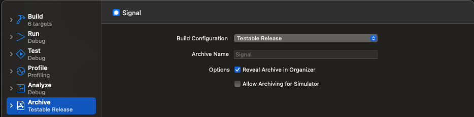 Fig 5: Changing the Signal app's `Archive` options to `Testable Release`